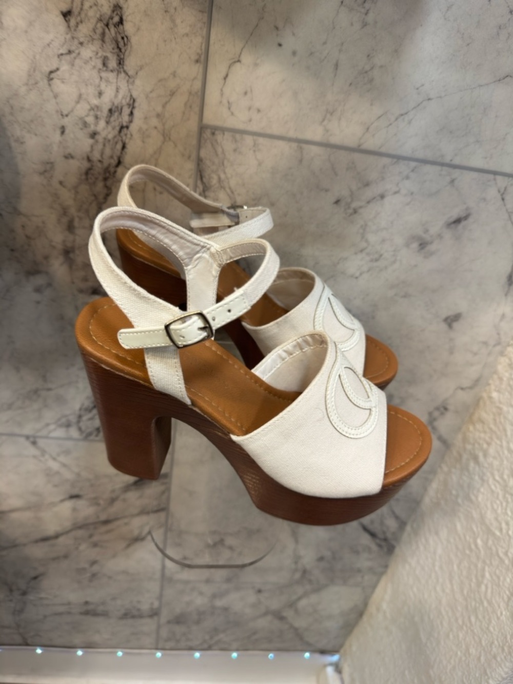 New White Platform Block Heel Sandals with Ankle Strap